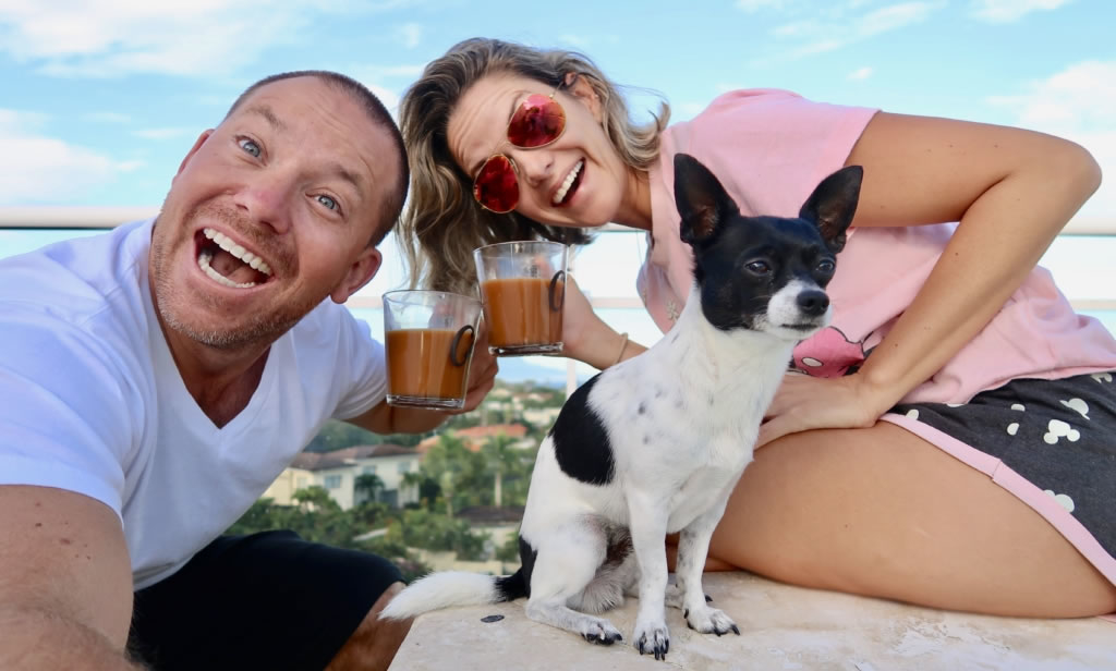 Picture of Nick, Kelly and Arthur enjoying morning coffee.