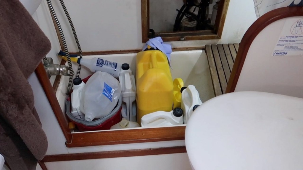 jerry can set in sailboat bathtub as emergency fuel tank